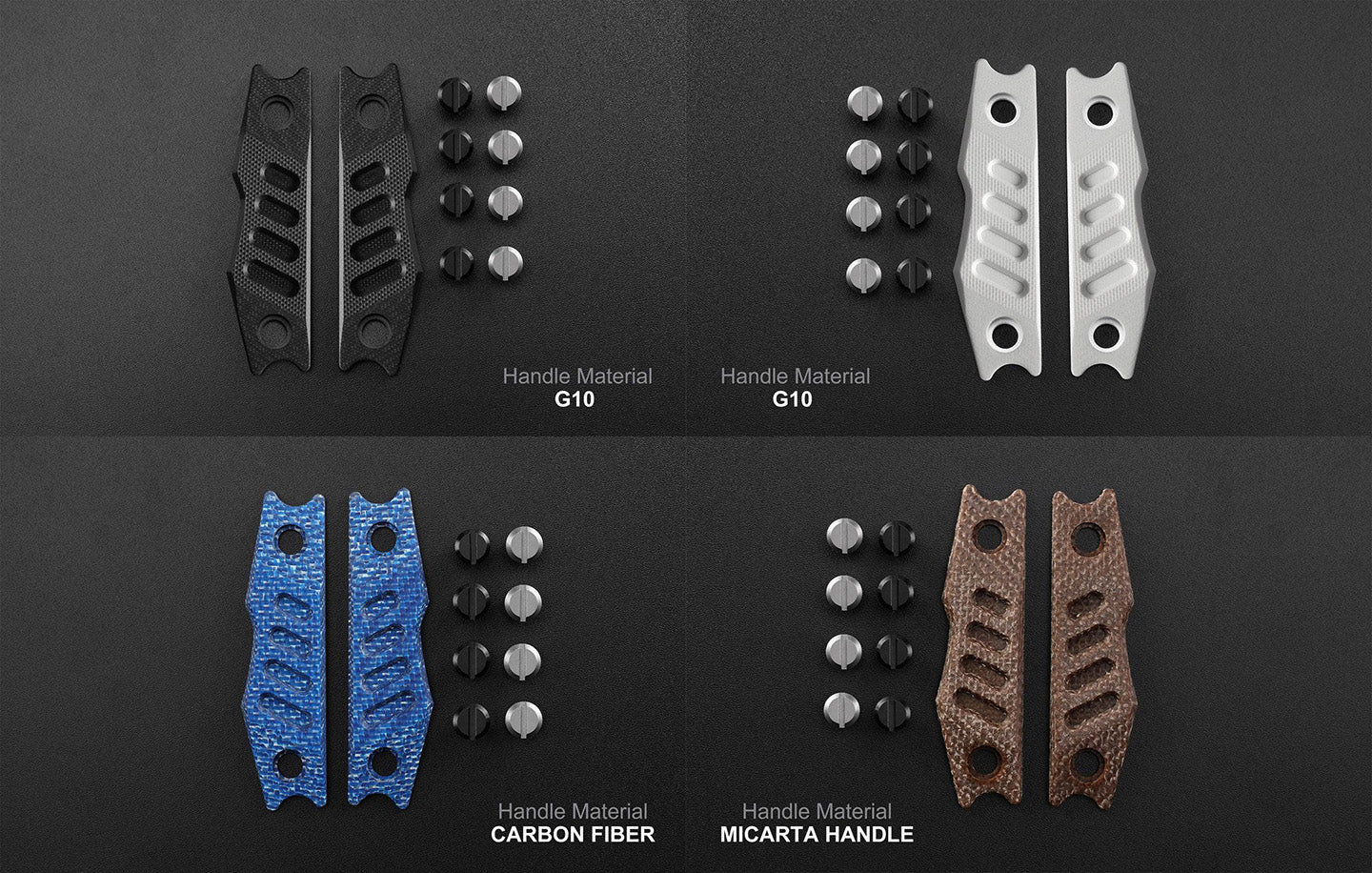 Collection of handle materials including G10, Carbon Fiber, and Micarta on a dark background.