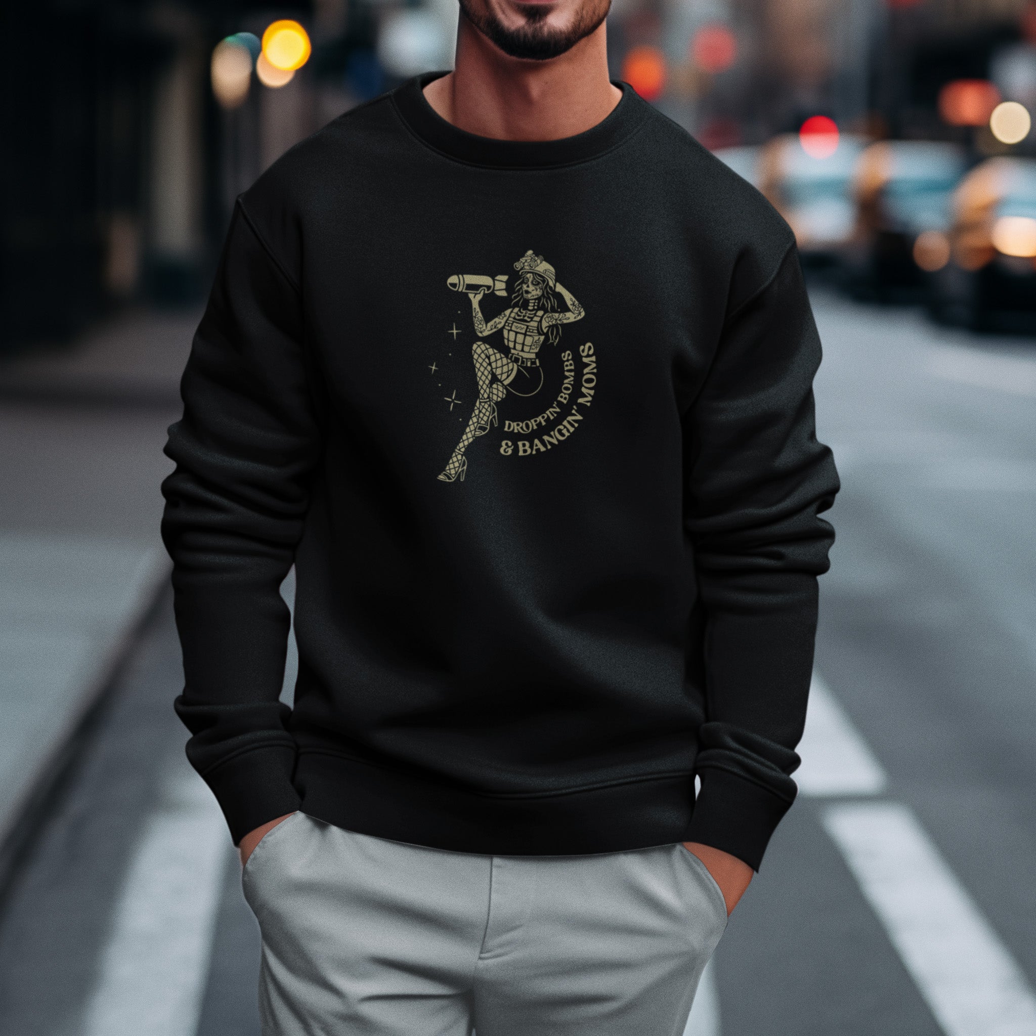 PaganEDC “Droppin Bombs & Bangin Moms” sweatshirt – bold pin-up design