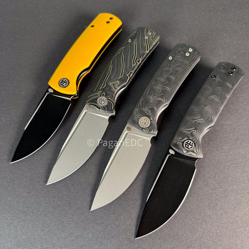 Beluga compact EDC folding knives in multiple handle options including yellow G10, Damascus G10, and carbon fiber, displayed on dark background