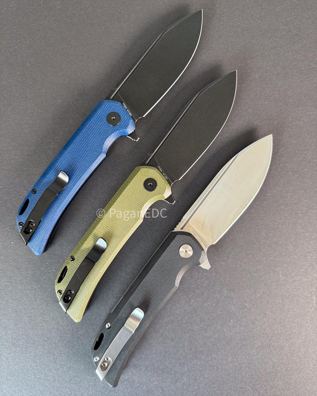Three Tunny PFB05 EDC folding knives with blue G10, green Micarta, and black G10 handles and 14C28N steel blades displayed on a gray background.