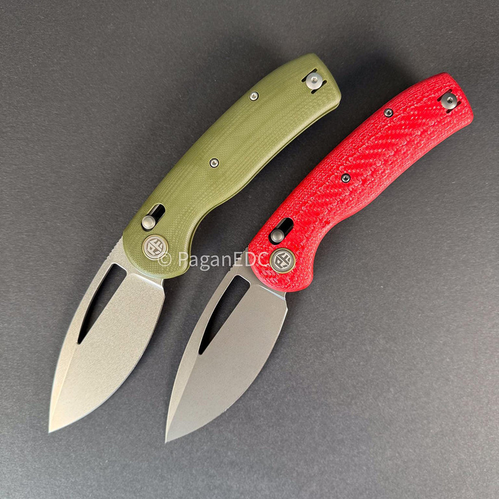 Two Viper PFP13 folding knives shown open on a dark background, featuring stonewashed K110 steel blades with a long blade cutout and ergonomic handles in green G10 and red carbon fiber, designed for everyday carry use.