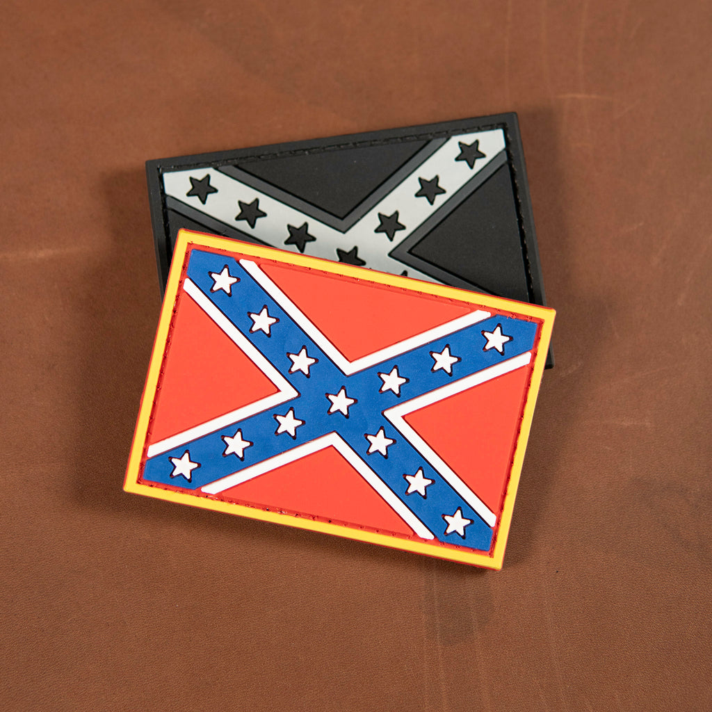 "Confederate flag" PVC patch in red, blue, and white tones on brown background