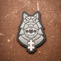 PVC patch featuring a 3D geometric Iron Wolf design in grey tones.
