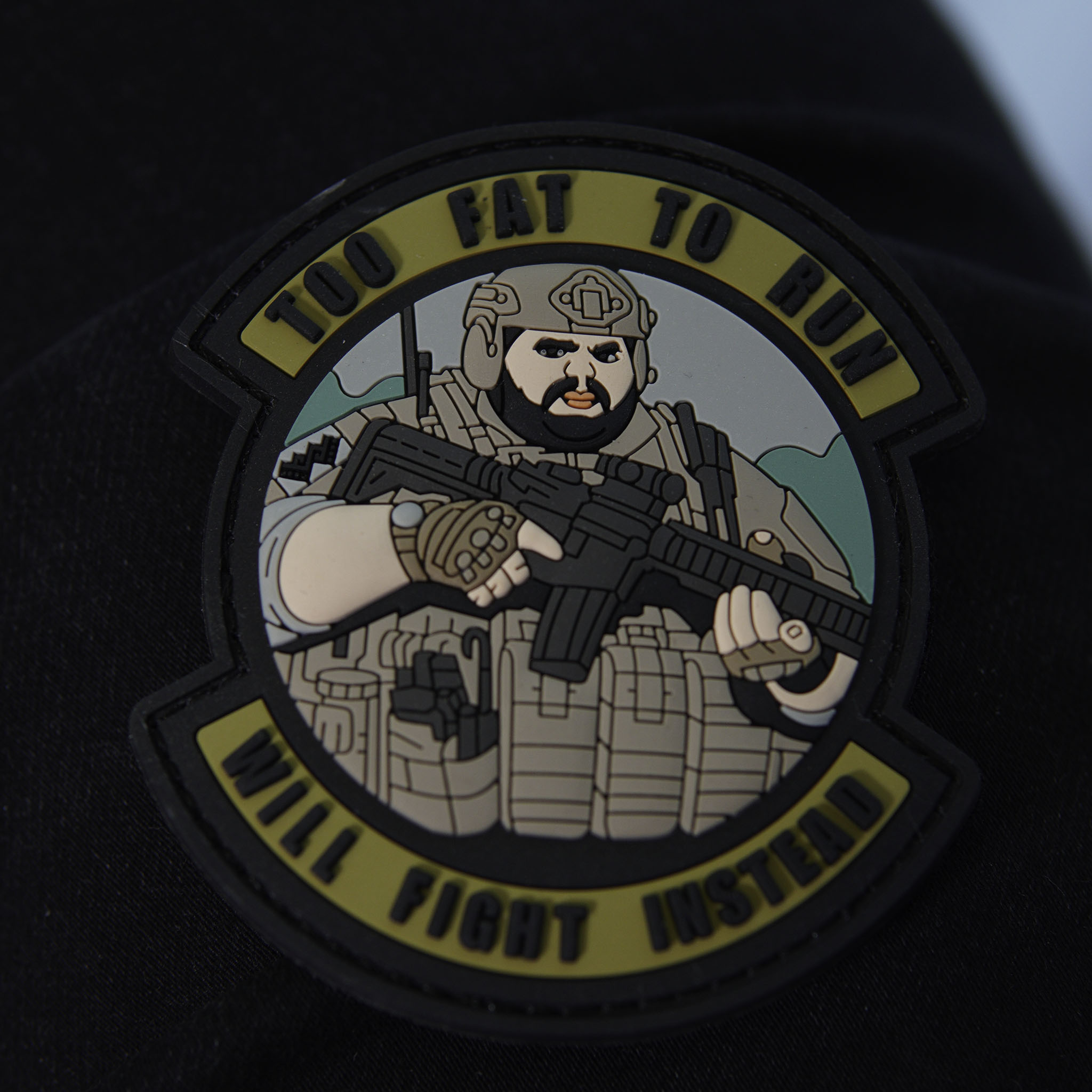PVC patch with a tactical soldier illustration and text "Too fat to run, will fight instead".