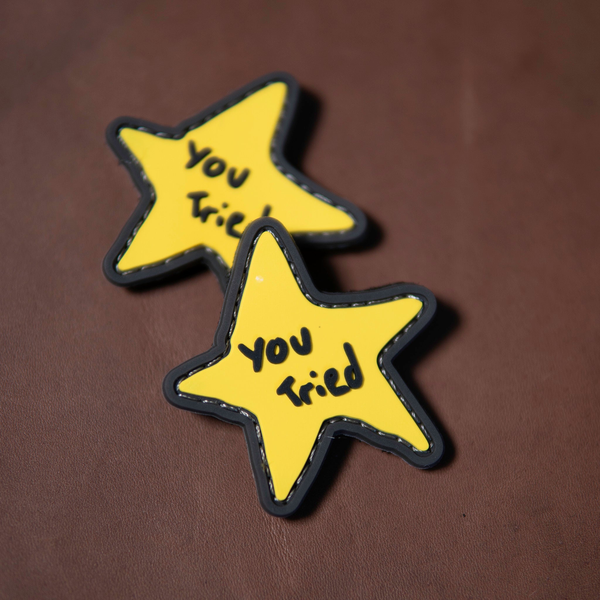 Yellow star-shaped PVC patch with “You Tried” text – PaganEDC